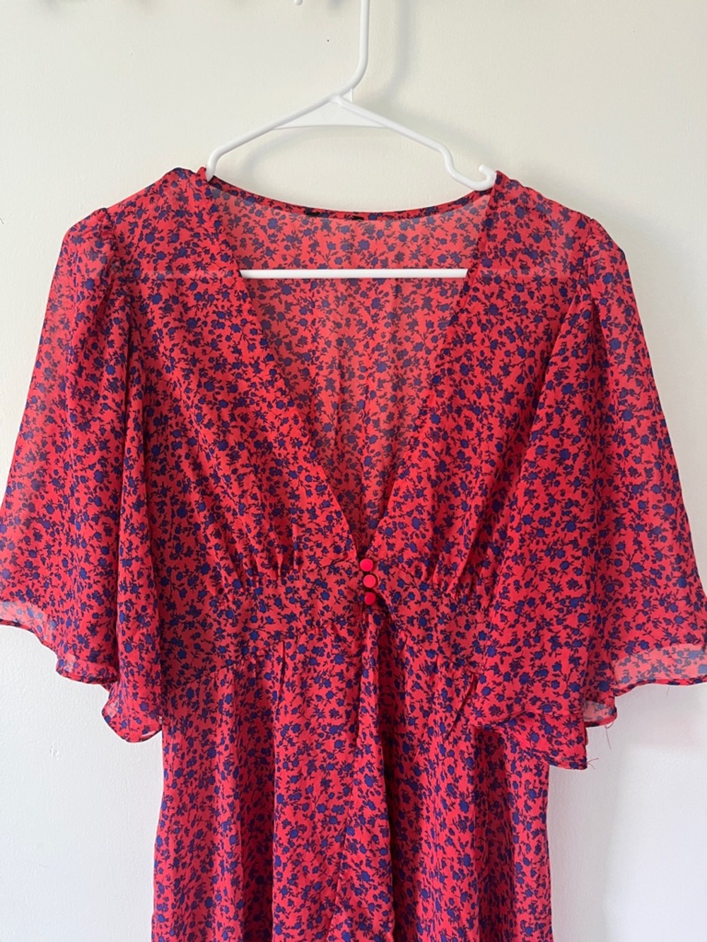 Red & Navy Floral Hi-Lo Cover Up with Fluttery Sleeves